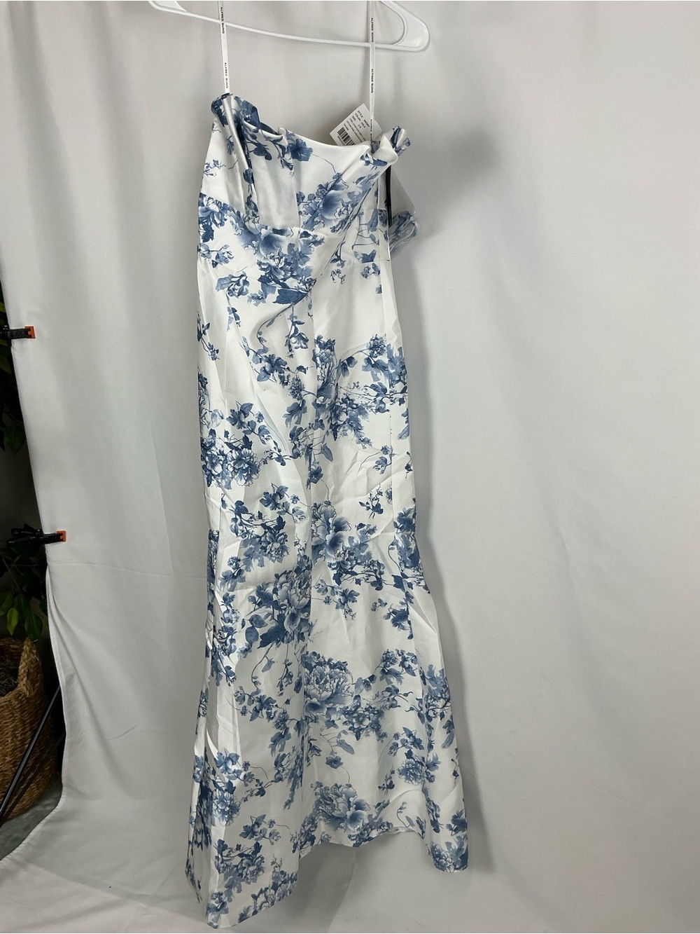 Alfred Strapless Floral Satin Gown in White and Blue - Picture 2 of 7